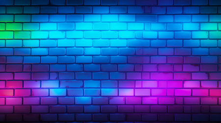 Brick wall with neon lights. Abstract background.の写真素材