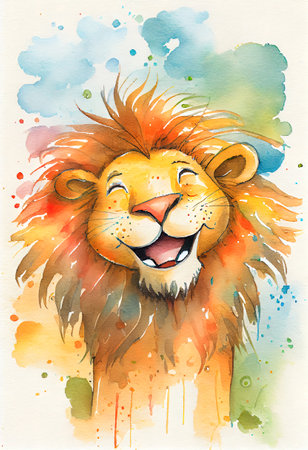 Watercolor happy lion. Ai render.の素材