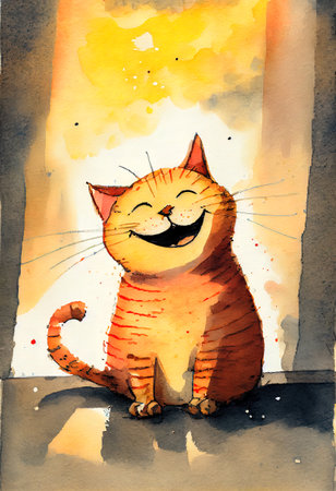 Happy cat watercolor background. AI generated.の写真素材