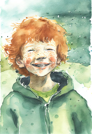 Happy child watercolor background. AI generated.の写真素材