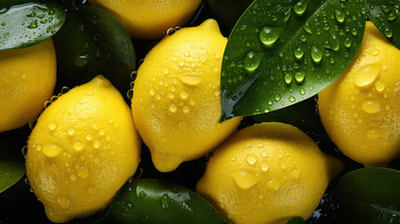 Bright juicy fresh lemons in splashes of juice and dewの写真素材