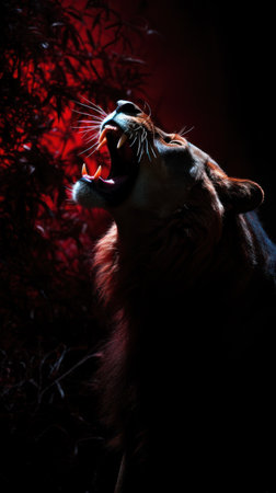 Young lion in red black and white colorsの写真素材
