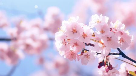 Blooming Sakura or cherry branch against a blue skyの写真素材