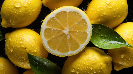 Bright juicy fresh lemons in splashes of juice and dewの写真素材
