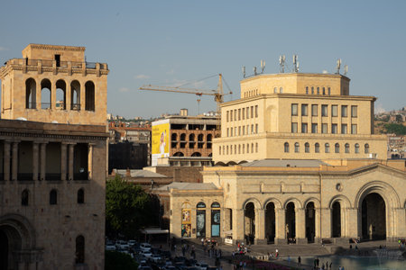 YEREVAN, Armenia-JULY 18, 2019. Government building at the Republic square in Yerevan. Aerial view. A view from Marriott Yerevan hotel. Architecture.のeditorial素材