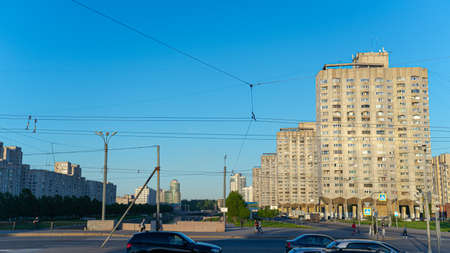 ST. PETERSBURG, RUSSIA-MAY 18-2019: Row of residential Houses on (Chicken) Legs, example of Soviet socialist modernism, situated on the Vasilievskiy island. Architecture and travel.のeditorial素材