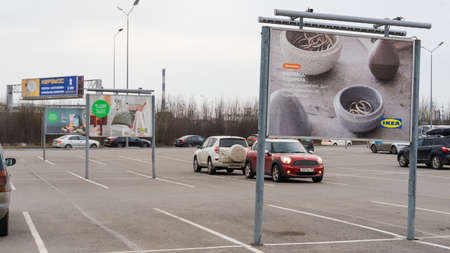 St. Petersburg, Russia- MARCH 26, 2021: Three outdoor advertising billboards of IKEA Russia near the store driveway featuring popular products of the retailer.のeditorial素材