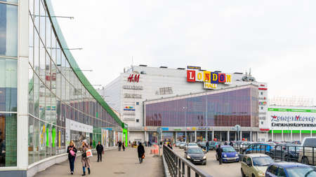 St. Petersburg, Russia- MARCH 26, 2021: London Mall, British-themed enclosed shopping center offering goods from a large number of brands and retailers with the roadway to Kollontay str.のeditorial素材