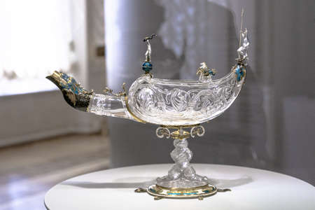 St. Petersburg, Russia-April 5, 2021: rock crystal lamp by Cartier, gold, enamel, with stone from Egypt, 10th century, setting done in Italy, 16th centuryのeditorial素材