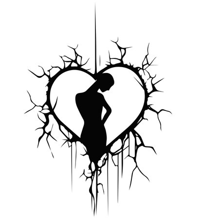silhouette of a woman in a heart-shaped hole. heartbroken sign, broken heart symbol of loversのイラスト素材