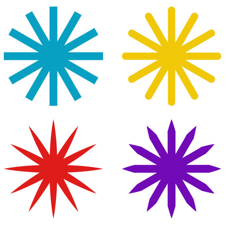 Set of four colored sunburst icons on white background. Vector illustration. asterisk button on keyboard, the sign of language, snowflake icon in winter seasonのイラスト素材