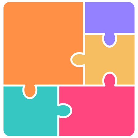 Colorful jigsaw puzzle pieces flat vector illustration isolated on white background.