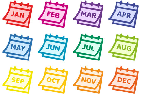 Calendar icons set. Vector illustration of 9 calendar icons in different colors.のイラスト素材