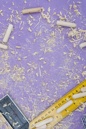 wooden background with small toolsの写真素材
