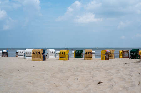 beach chairs on the north sea closed as part of the covid-19 preventionの写真素材