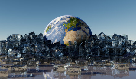 the earth in a heap of ice cubes - 3D Illustrationの写真素材