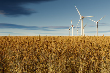 Wind turbines in a wheat field. Alternative energy source. 3D illustration.の写真素材