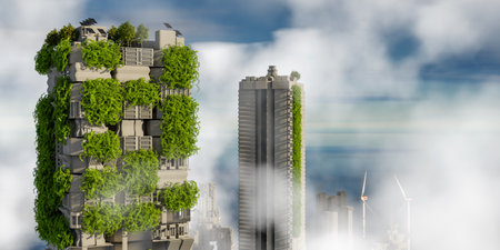 Modern cityscape with skyscrapers and green plants. 3D renderingの写真素材