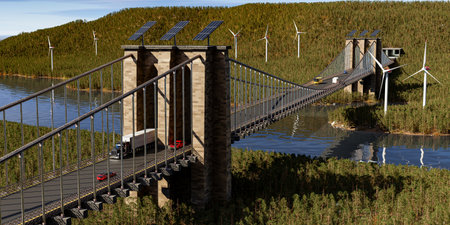 3d render of a bridge over a lake with wind turbines and solar panelsの写真素材