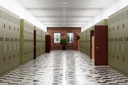 School hallway with lockers - 3D Illustrationの写真素材