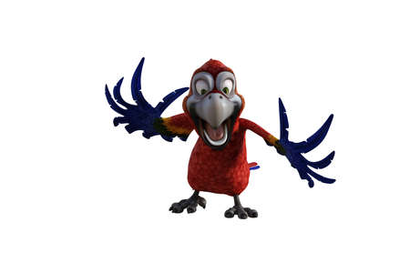 Funny parrot cartoon character isolated on white background. 3D figure, clip art as a template for collage. 3D rendering, 3D illustration.の写真素材