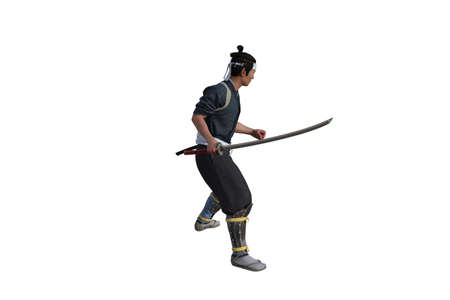 Chinese fighter poses with sword for your scenes specially for collage, isolated on white...