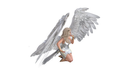 Angel poses for your pictures. Angel figurine with wings in flying poses isolated on white background. 3d rendering-illustration.の写真素材