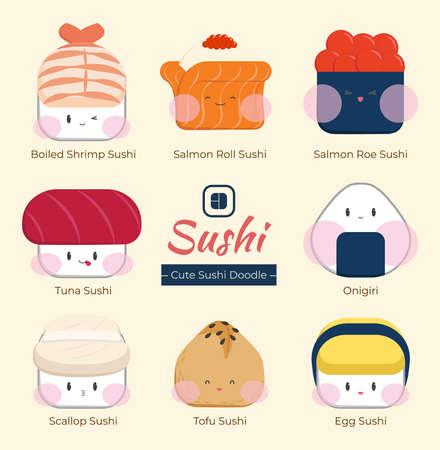 Sushi flat illustration with facial expression in squareのイラスト素材