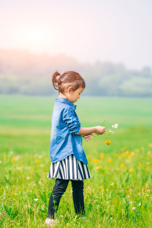 A girl playing on the prairieの写真素材