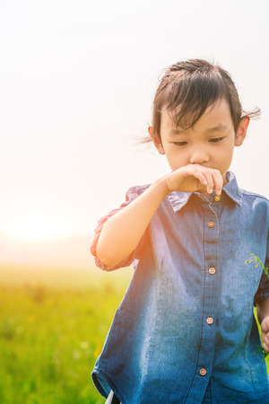 A girl playing on the prairieの写真素材