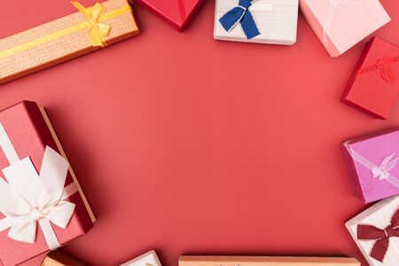 Gift boxes   on a red backgroundの写真素材