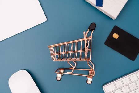 Keyboard mouse around a shopping cart  on a blue background