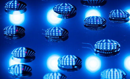 abstract bubbles with blue background and lightsの写真素材