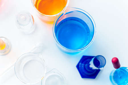 Glass beakers of various sizes in a science laboratory Used for adding chemical fluids to experiment...