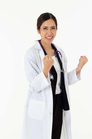 Portrait of asian an attractive young female doctor in white coat about medical or science health care concept on white background.の写真素材