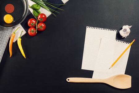 Food ingredients background. Photograph taken from above, top view. Horizontal concept image for...