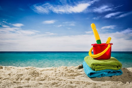 Horizontal low angle view of beach and blue skyの写真素材