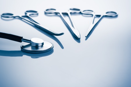 Medical concept image. Stethoscope seen from above. A lot copy space around the product. Top view. Horizontal image.の写真素材