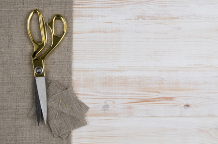 Concept image of sewing accessories. Image taken from above, top view. Background for creative fashion blog, concept or advertising.の写真素材