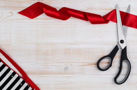 Concept image of sewing accessories. Image taken from above, top view. Background for creative fashion blog, concept or advertising.の写真素材