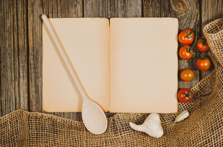 Baking or cooking ingredients background. Top view photograph with kitchen utensils on vintage, natural, raw, wooden background with visible texture.の写真素材