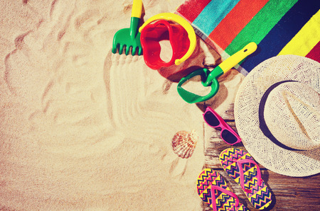 Top view of sandy beach frame. Background with copy space and visible sand texture.の写真素材
