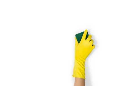 Isolated womans hand cleaning on a white background. Cleaning or housekeeping concept background. Frame for text or advertisingの写真素材