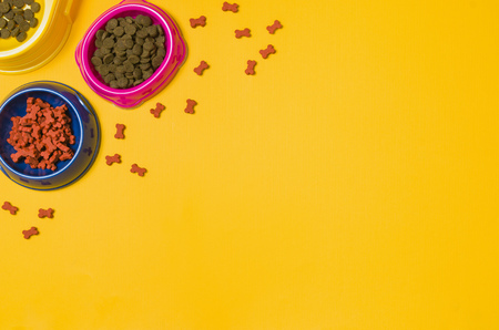 Dry dog food in bowl and pet accessories on yellow background top view.の写真素材