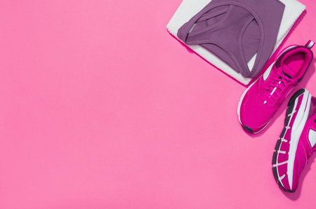 Fitness accessories, healthy and active lifestyles concept background with copy space for text. Products with vibrant, punchy pastel colours and frame composition. Image taken from above, top view.の写真素材