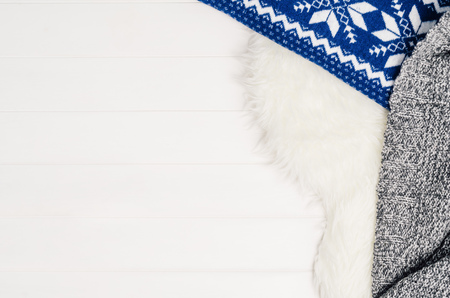 White planks with wood texture pattern and fur background with copy space. Horizontally oriented planks. Top view or aerial viewの写真素材