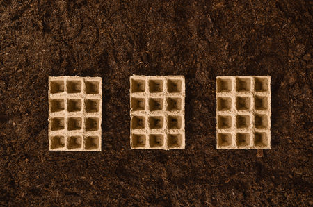 Gardening tools on fertile soil texture background seen from above, top view. Gardening or planting concept. Working in the spring garden.の写真素材