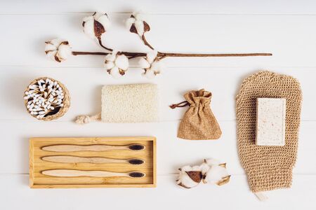 Body care or bath products on white background. Top viewの写真素材