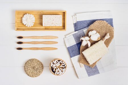 Body care or bath products on white background. Top view