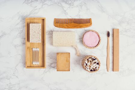 Zero waste concept. Flat lay composition with natural body care or bath products and copy space for text on white marble background. Top view with copy spaceの写真素材